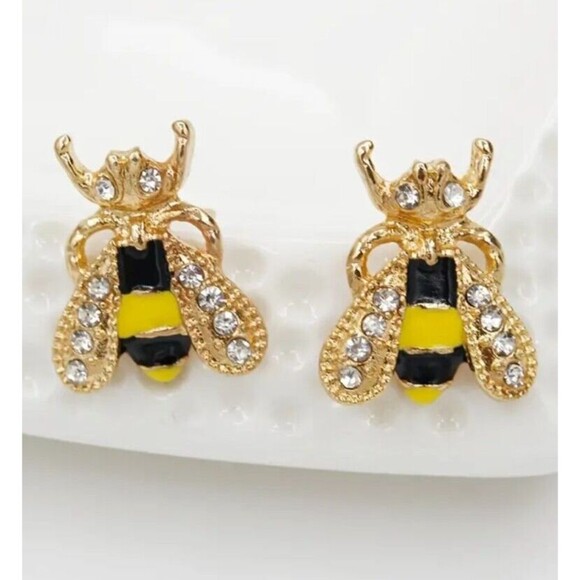 BEE Gold Black Yellow Enamel BEES Rhinestone Wings Eyes - Picture 2 of 4